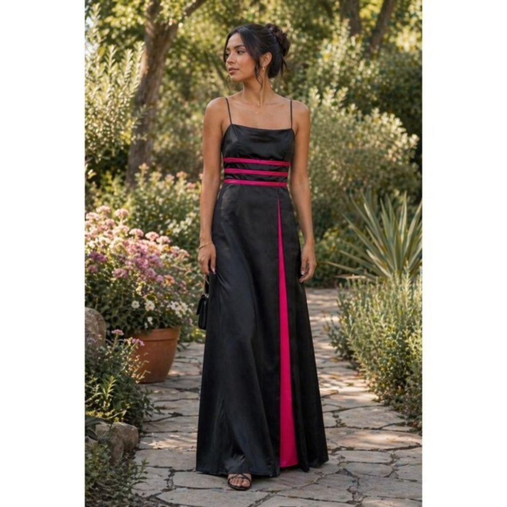 Debut Black Satin Formal Gown Red Bow Slit Maxi Dress Size 3